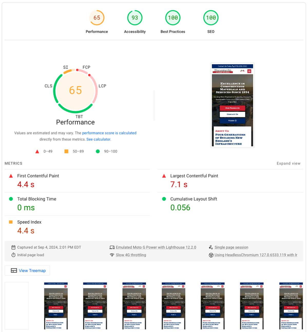 benevento website page speed insight before