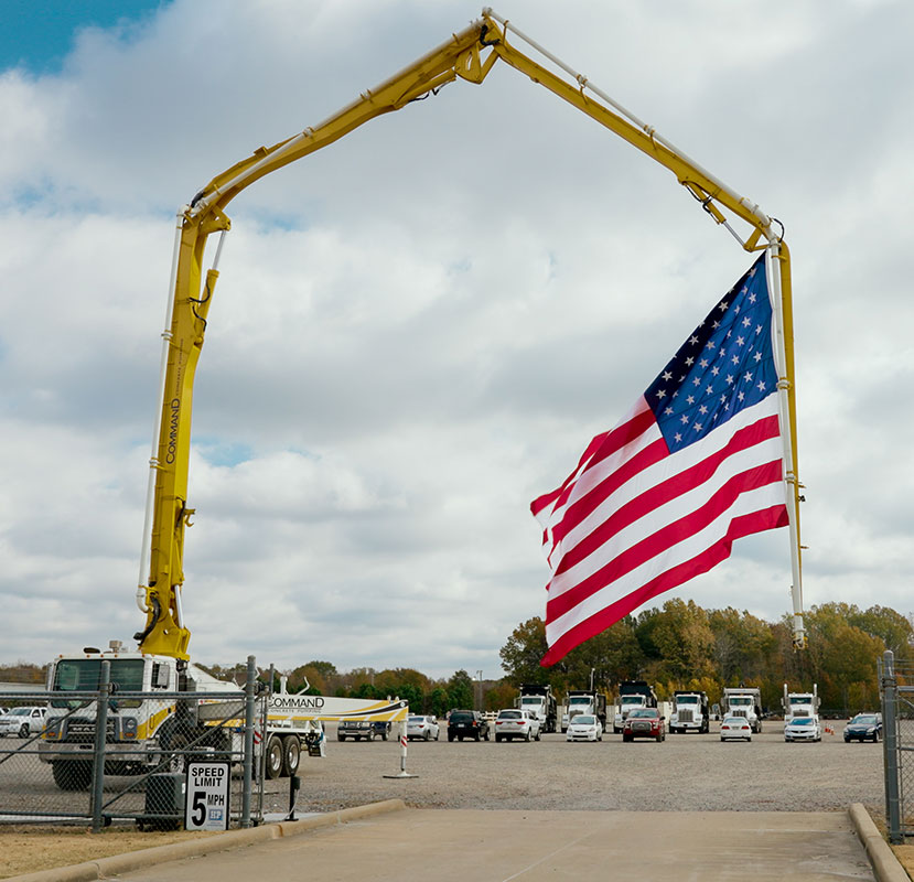 concrete pump truck with american flag